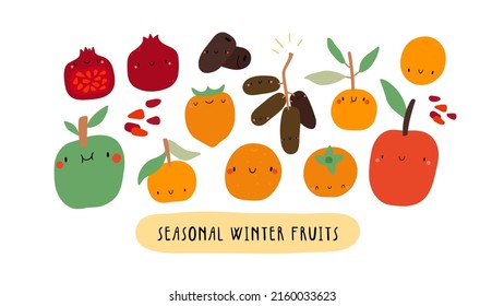 Cute Vector illustration with Seasonal Spring Vegetables on a white background. Smiley cartoon food characters - Apple, Date, Pomegranate, Mandarin, Orange and Persimmon. Healthy fruits banner.