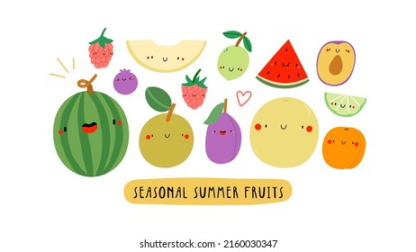 Cute Vector illustration with Seasonal Summer Fruits on a white background. Smiley cartoon food characters - Watermelon, Raspberry, Plum, Asian Pear, Apricot, Melon, Lime. Healthy fruits banner.