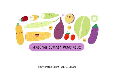 Cute vector illustration with Seasonal Summer Vegetables on a white background. Smiley cartoon food characters - Lettuce, Tomato, Eggplant, Yellow Zucchini, Sweet Corn. Healthy vegetables banner