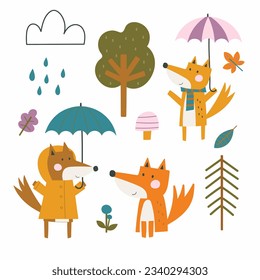 A cute vector illustration set of autumn foxes, trees and leaves.
Created in a warm fall colour palette.
Great for fall projects and crafts.