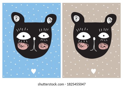 Cute Vector Illustration Set. Black Rabbit Isolated on a Blue and Gray Dotted Background. Cute Nursery Art with Funny Bunny ideal for Wall Art, poster, Card.