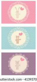Cute vector illustration. Set of cards. Bear, cat and hare with heart. Can be used for Valentines postcard, celebration postcard, invitation, scrapbooking.