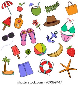 Cute Vector illustration set of colorful summer icons collection hand drawn style on white background
