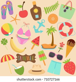 Cute Vector illustration set of colorful summer icons collection hand drawn style on white background