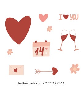 Ein süßes Vektorgrafik-Set, das dem Valentinstag gewidmet ist. Mit einem großen roten Herzen, zarten rosa Herzen, zwei Champagnergläsern, einem Umschlag, einem herzförmigen Pfeil und charmanten Blumenelementen.
