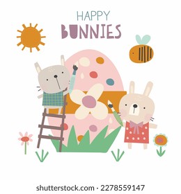 A cute vector illustration set featuring cute easter bunnies painting easter eggs, with additional flowers, bees and sunshine.
happy bunnies.
Easter and spring illustrations.