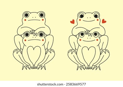 Cute vector illustration set with frogs sitting on each other. Happy and smiling and shocked and sad. Romantic print design, greeting card template, home or bar wall decoration poster