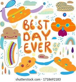 Ilustración vectorial con clima divertido, nubes, arcos y lluvia, e inscripción, en un fondo blanco.
