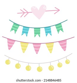 Cute vector illustration set of garlands, flags, heart with arrow. Design element.