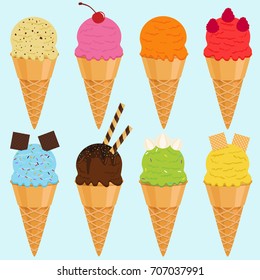 Cute Vector illustration set of ice cream scoop, many colorful flavors with toppings in wafer cone on blue background