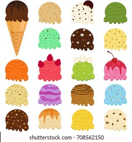 Cute Vector illustration set of ice cream scoop, many colorful flavors with toppings in wafer cone isolated on white background