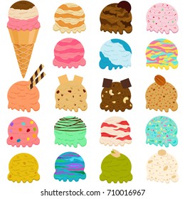 Cute Vector illustration set of ice cream scoop, many colorful flavors with toppings in wafer cone isolated on white background