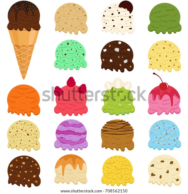 白い背景にアイスクリームスクープのかわいいベクターイラスト 多くのカラフルな味とトッピング のベクター画像素材 ロイヤリティフリー 708562150
