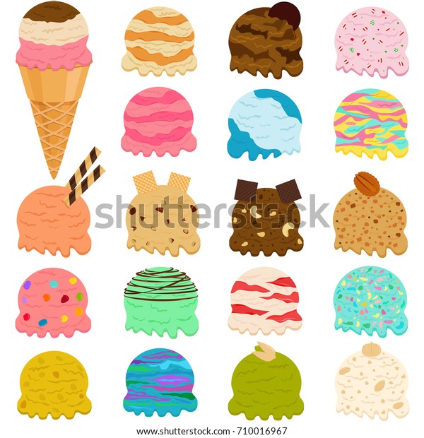 白い背景にアイスクリームスクープのかわいいベクターイラスト 多くのカラフルな味とトッピング のベクター画像素材 ロイヤリティフリー