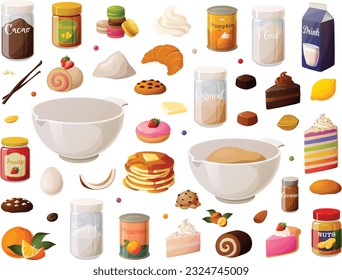 Cute vector illustration set isolated on a white background of various baking supplies found in the pantry and baked goods.