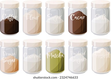 Cute vector illustration set isolated on white background of various pantry staple supplies for baking stored in glass jars with white fonts for neat organization.