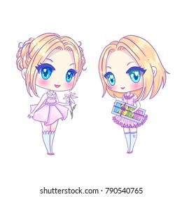 Cute vector illustration. set Kawaii Anime girl. Big eyes. Use for postcards, print on clothes or other things. anner decorations. Happy valentine s day