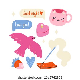 Cute vector illustration set with a pink bird, candle, strawberry, heart, mug, and Good night text. Perfect for stickers, decoration, and cozy designs. Illustrations isolated on white background