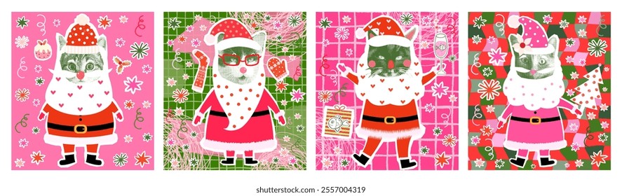 Cute vector illustration set with Santa Claus Kitty designs, Christmas collage greeting cards, halftone posters