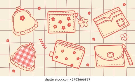 Cute vector illustration set of small purses, wallets and coin pouches in a playful hand-drawn style. Various designs with floral patterns, checkered texture and decorative elements arranged on a soft grid background. Pastel color palette and minimal line art create a charming, feminine aesthetic perfect for fashion, accessories, packaging, and lifestyle design projects.