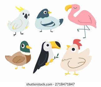 Lindo conjunto de Ilustración vectorial de varias aves, incluyendo un flamenco, tucán, pato, paloma, cacatúa y gallina. Una colección colorida y juguetona de personajes aviares aislados sobre un fondo blanco, perfecto para libros infantiles, materiales educativos y pegatinas