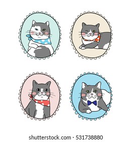 Cute vector illustration set vintage frame of cat.Draw doodle cartoon style.