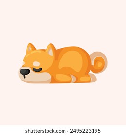 Nette Vektorillustration eines Shiba Inu Hundes, der friedlich schläft. Perfekt für Designs zu Haustieren, Medien für Kinder und Social Media-Inhalte.