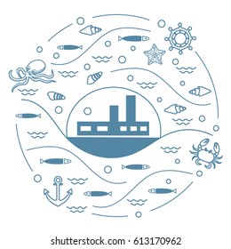 Cute vector illustration with ship, octopus, fish, anchor, helm, waves, seashells, starfish, crab arranged in a circle. Design for banner, poster or print. 