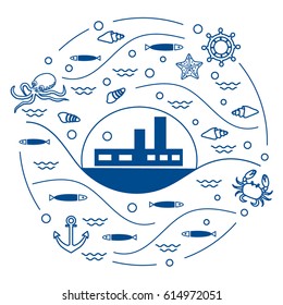 Cute vector illustration with ship, octopus, fish, anchor, helm, waves, seashells, starfish, crab arranged in a circle. Design for banner, poster or print. 