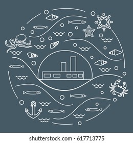 Cute vector illustration with ship, octopus, fish, anchor, helm, waves, seashells, starfish, crab arranged in a circle. Design for banner, poster or print. 
