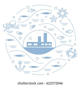 Cute vector illustration with ship, octopus, fish, anchor, helm, waves, seashells, starfish, crab arranged in a circle. Design for banner, poster or print. 