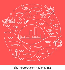Cute vector illustration with ship, octopus, fish, anchor, helm, waves, seashells, starfish, crab arranged in a circle. Design for banner, poster or print. 