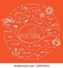 Cute vector illustration with ship, octopus, fish, anchor, helm, waves, seashells, starfish, crab arranged in a circle. Design for banner, poster or print. 