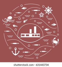 Cute vector illustration with ship, octopus, fish, anchor, helm, waves, seashells, starfish, crab arranged in a circle. Design for banner, poster or print. 