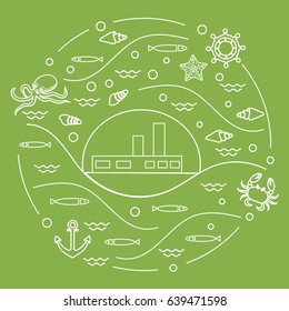 Cute vector illustration with ship, octopus, fish, anchor, helm, waves, seashells, starfish, crab arranged in a circle. Design for banner, poster or print. 