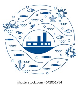 Cute vector illustration with ship, octopus, fish, anchor, helm, waves, seashells, starfish, crab arranged in a circle. Design for banner, poster or print. 