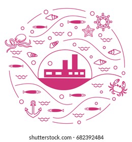 Cute vector illustration with ship, octopus, fish, anchor, helm, waves, seashells, starfish, crab arranged in a circle. Design for banner, poster or print. 