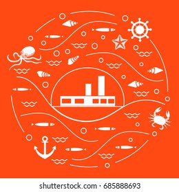 Cute vector illustration with ship, octopus, fish, anchor, helm, waves, seashells, starfish, crab arranged in a circle. Design for banner, poster or print. 