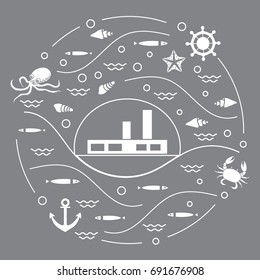 Cute vector illustration with ship, octopus, fish, anchor, helm, waves, seashells, starfish, crab arranged in a circle. Design for banner, poster or print. 