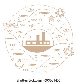 Cute vector illustration with ship, octopus, fish, anchor, helm, waves, seashells, starfish, crab arranged in a circle. Design for banner, poster or print. 