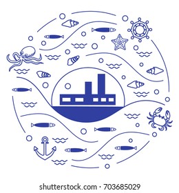 Cute vector illustration with ship, octopus, fish, anchor, helm, waves, seashells, starfish, crab arranged in a circle. Design for banner, poster or print. 