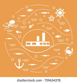 Cute vector illustration with ship, octopus, fish, anchor, helm, waves, seashells, starfish, crab arranged in a circle. Design for banner, poster or print. 