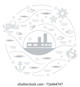 Cute vector illustration with ship, octopus, fish, anchor, helm, waves, seashells, starfish, crab arranged in a circle. Design for banner, poster or print. 