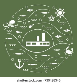 Cute vector illustration with ship, octopus, fish, anchor, helm, waves, seashells, starfish, crab arranged in a circle. Design for banner, poster or print. 