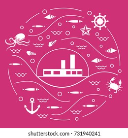 Cute vector illustration with ship, octopus, fish, anchor, helm, waves, seashells, starfish, crab arranged in a circle. Design for banner, poster or print. 