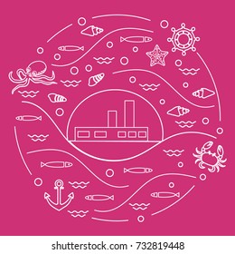 Cute vector illustration with ship, octopus, fish, anchor, helm, waves, seashells, starfish, crab arranged in a circle. Design for banner, poster or print. 