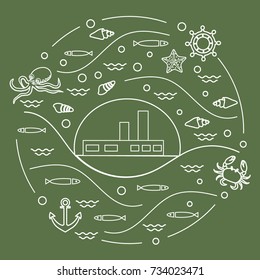 Cute vector illustration with ship, octopus, fish, anchor, helm, waves, seashells, starfish, crab arranged in a circle. Design for banner, poster or print. 