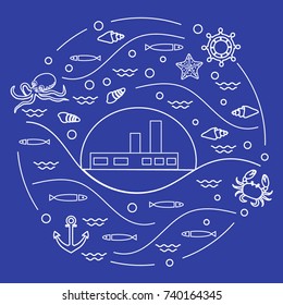 Cute vector illustration with ship, octopus, fish, anchor, helm, waves, seashells, starfish, crab arranged in a circle. Design for banner, poster or print. 