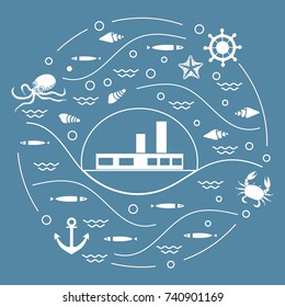 Cute vector illustration with ship, octopus, fish, anchor, helm, waves, seashells, starfish, crab arranged in a circle. Design for banner, poster or print. 