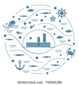 Cute vector illustration with ship, octopus, fish, anchor, helm, waves, seashells, starfish, crab arranged in a circle. Design for banner, poster or print. 